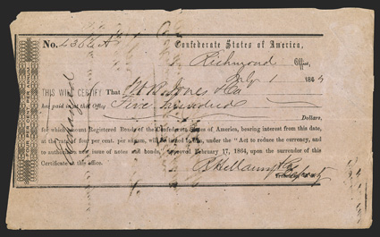 VA. Richmond. $500. July 1, 1863. VA-143. Richmond Type III-Ab, position 2. No. 4366. Tonfederate instead of Confederate at top right. Exchanged written on front at left.
Endorsement on back. VF with ink burn.