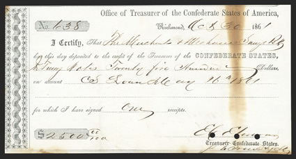 VA. Richmond. $2500. Oct. 30, 1861. VA-151. Richmond Local Type 1. NO. 638. IDR Plate Form, page 433.  An interagency transfer deposit form. VF, stain, POCs. From The Holger
Dreher Collection