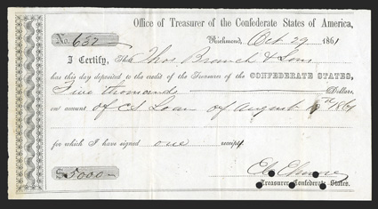 VA. Richmond. $5,000. October 29, 1861. VA-155. Richmond Local Type 1. No. 632. Plate IDR Form, page 435.. Interagency Transfer Deposit form, but used for Act of August 19,
1861. VF, POC.