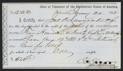 VA. Richmond. $498.75  $500. January 20, 1862. VA-156. Richmond Local Type 2. No. 1233. Another Interagency Transfer Deposit form, printed on blue paper. VF, POCs. From The
Holger Dreher Collection