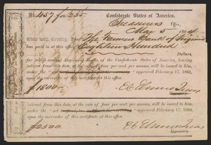 Pair of Richmond, Virginia IDRs: [2] 1) $1800. March 5, 1864. VA-170. No. 457 for 235. 2) $2500. March 5, 1864. VA-170. No. 488 for 235.  Both Fine, with pinholes and some
small ink burn spots. From The Holger Dreher Collection