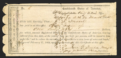 VA. Orange. $100. March 15, 1864. VA-238. Richmond Type II. No. 6. Plate IDR Form, page 456. This was issued through the Military Depositary of the Army of Northern Virginia,
Third Corps (A. P. Hill), Orange Courthouse. VG-Fine, tear