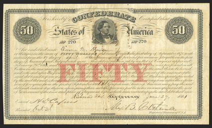 Act of February 28, 1861. $50. Cr. 1A, B-11. No. 270. Howell Cobb in oval underneath Confederate in title. Richmond written in with Montgomery crossed through. Toned, overall
wear, a very good Fine.