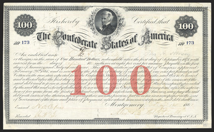 Act of February 28, 1861. $100. Cr. 2, B-12. No. 173. Andrew Jackson, center. Signed by Clitherall. Transfer form in red on verso, ABN. Light dampstaining at right, folds, a
strong VF. From The Holger Dreher Collection
