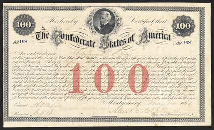 Act of February 28, 1861. $100. Cr. 2, B-12. No. 168. As previous. Signed by Clitherall. Wrinkles, overall toning, light edge wear, some foxing, about VF. From The Holger
Dreher Collection