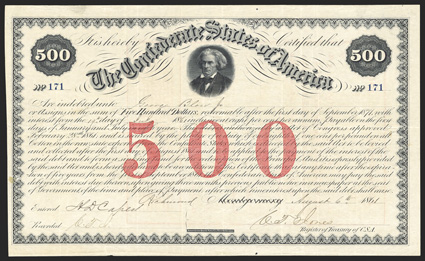 Act of February 28, 1861. $500. Cr. 3A, B-15. No. 171. John C. Calhoun, center. Montgomery crossed out, Richmond written in. Signed by Jones. Red transfer on verso, ABN.
Overall toning, folds, light edge wear, VF. From The Holger