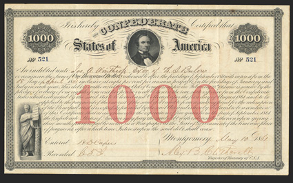 Act of February 28, 1861. $1000. Cr. 4, B-16. No. 521. As previous. Toned, fold wear, spot in border, VF.
