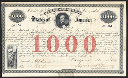 Act of February 28, 1861. $1000. Cr. 4, B-16. No. 154. As previous. Signed by Clitherall. Red transfer on verso, ABN. Stains in margins, left edge trimmed to border, a strong
Fine From The Holger Dreher Collection