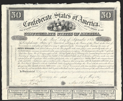 Act of February 28, 1861. $50. Cr. 5A, B-1. No. 741. As previous. Signed by Clitherall. 19 coupons below. Folds, toning, pencil note on verso, VF. From The Holger Dreher
Collection