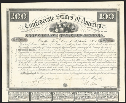 Act of February 28, 1861. $100. Cr. 6, B-4. No. 7923. Commerce and Agriculture. Signed by Tyler. 14 coupons below. Folds, light edge wear, some very light foxing, VF. From The
Holger Dreher Collection