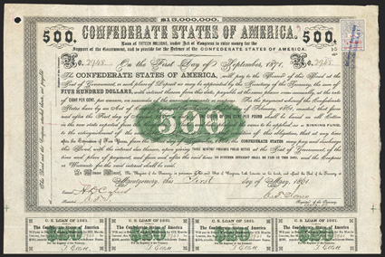 Act of February 28, 1861. $500. Cr. 7, B-6. No. 2948. Arabic 500 in ornate green scroll at center. Signed by Jones. Dutch stamp at upper right. Folds, light toning, about
VF+.