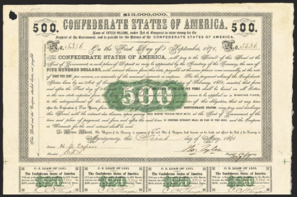 Act of February 28, 1861. $500. Cr. 7, B-6. No. 3326. Arabic 500 in ornate green scroll medallion at center. Signed by Tyler. 16 coupons below. Hole in upper left margin,
overall toning, folds, stamp trace in left coupon margin, a strong
