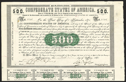Act of February 28, 1861. $500. Cr. 7A, B-7. No. 3846. As previous, but Sinking Fund for the Confederate Loan... etc., printed in blue ink on the reverse. Signed by Tyler. 20
coupons below. Soiling in right margin, minor creases top margi