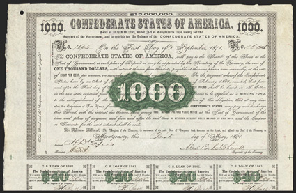 Act of February 28, 1861. $1000. Cr. 8, B-9. No. 1695. Arabic 1000 in ornate green scroll at center. Printed on thin red silk fiber paper. Signed by Clitherall. CSA Bondholders
Committee stamp on verso. Smoothed wrinkles and minor edge we