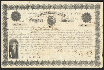 Act of February 28, 1861. $4000. Cr. 10G, B-19G. No. 31.  Man and woman center, Confederacy left. Signed by Tyler. Toned, fold and edge wear including several small holes alone
folds, Fine.