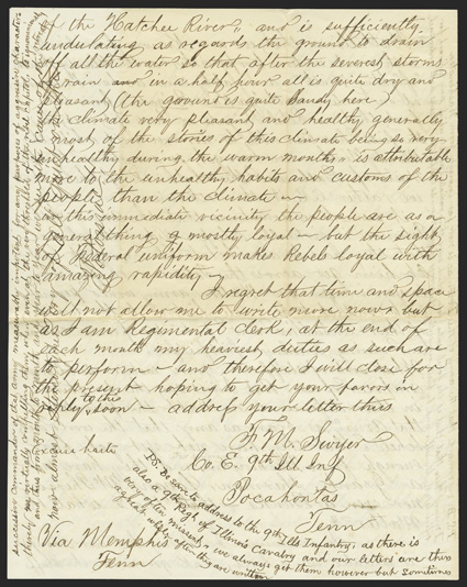 Union Soldiers Letter: Ninth Illinois Great content ALS by Cpl F.M. Swyer of the 9th Illinois Infantry, 4 full pages, 4to, Pocahontas, TN, August 8, 1863. He writes a friend
back in Selinsgrove, PA that we have been almost constantly in the s