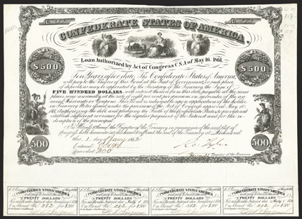 Act of May 16, 1861. $500. Cr. 12, B-22. No. 282. As previous. Signed by Tyler. 14 coupons below. Folds, small closed tear in top edge into border, wear upper right corner,
about VF. From The Holger Dreher Collection
