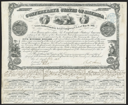 Act of May 16, 1861. $500. Cr. 12, B-23. No. 521. Vignette of Commerce at top center flanked by two putti, left and right. Indian warrior at left with an Indian Princess at
right. Signed by Jones. Three handwritten coupons under bond signed by