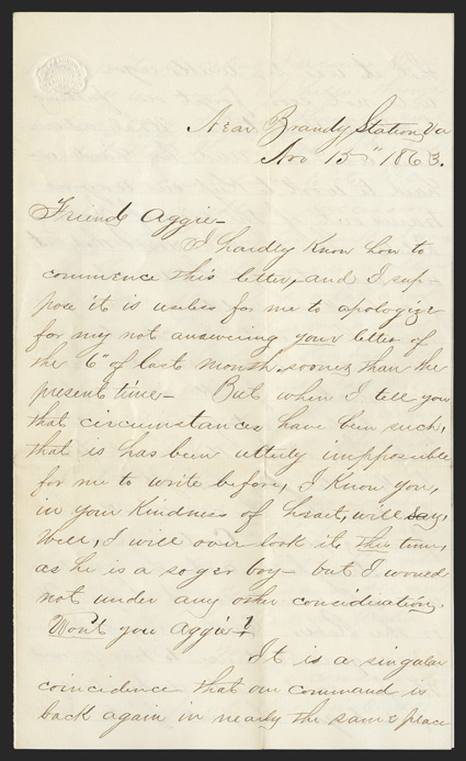 Rappahannock Station: Union Cavalrymans Letter Choice detailed content ALS by Lt. Jerome Wheeler of the 6th NY Cavalry, 8 pages, 8vo, Near Brandy Station, Va, November 15, 1863.
To his friend Aggie in Waterford, NY, he pens, Our comm