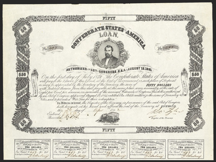 Act of August 19, 1861. $50. Cr. 18, B-71. No. 497. J. H. Reagan. Signed by Tyler. 15 coupons below. B. Duncan. Edge wear at top, about VF+. From The Holger Dreher
Collection