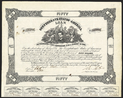 Act of August 19, 1861. $50. Cr. 19, B-83. No. 852. Burton Harrison, Jefferson Davis secretary, surrounded by three female figures. Signed by Tyler. 19 coupons below. B.
Duncan. Overall toning, folds, ink stains at left and bottom, about <