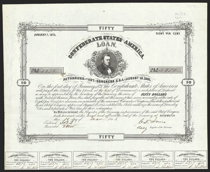 Act of August 19, 1861. $50. Cr. 20, B-87. No. 2870. Vignette of Thomas Bragg. Signed by Jones. 20 coupons below. B. Duncan. Folds, light toning along left edge, a strong VF.
From The Holger Dreher Collection