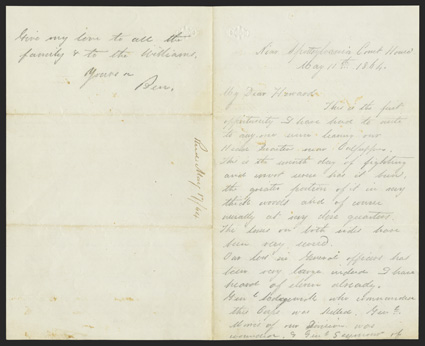 Spotsylvania: Officers Letter Graphic content ALS in pencil by Capt. Benjamin W. Richards, aide-de-camp of Gen. James B. Ricketts, 3 pages and 2 lines, Near Spottsylvania Court
House, May 11, 1864. He writes to his brother about the cont
