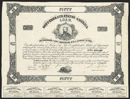 Act of August 19, 1861. $50. Cr. 21, B-132. No. 1912. Criswell notes portrait of L. P. Walker, while the Ball reference does not state a name, merely unidentified man. Signed
by Tyler. 33 coupons below. Fold and edge wear, some light foxi