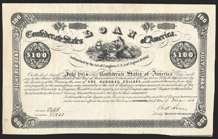 Act of August 19, 1861. $100. Cr. 22, B- 30. No. 532. Liberty holding a stylized Confederate flag in a shield, surrounded by ships. Signed by Jones. Evans & Cogswell. Overall
toning, light wrinkling, soiling and wear along left edge, about 