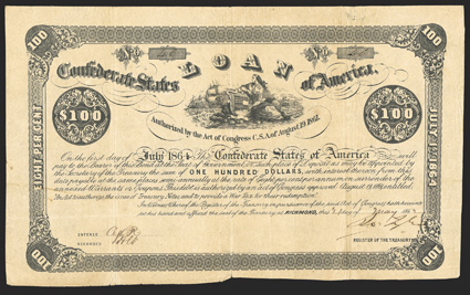 Act of August 19, 1861. $100. Cr. 22, B-30. No. 46. As previous. Signed by Tyler. Notable overall toning, stain in left margin, folds and edge wear including partial splits,
strong Fine. From The Holger Dreher Collection