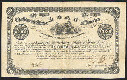 Act of August 19, 1861. $100. Cr. 23, B-33. No. 244. Due Jan. 1, 1865. As previous. Signed by Jones. Tape repair on verso to marginal tear at bottom with staining, folds, ink
erosion at date, strong Fine. From The Holger Dreher Collec