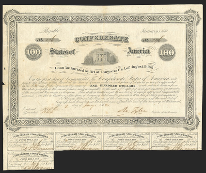 Act of August 19, 1861. $100. Cr. 26, B-42. No. 296. As previous. Signed by Tyler. 5 coupons underneath.  Fold and wear including small split at left margin, pinholes, toned, a
solid Fine.