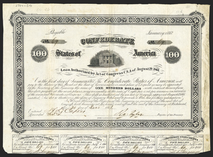 Act of August 19, 1861. $100. Cr. 26, B-42. No. 69. Old Richmond Post Office  City Hall, 1861. Signed by Tyler. 4 coupons below. Worn and soiled along right edge, folds, some
foxing, about Fine. From The Holger Dreher Collection