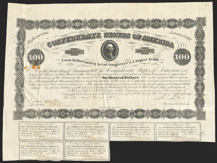 Act of August 19, 1861. $100. Cr. 27, B-48, 550. George Washington. Signed by Tyler. Six coupons. Age-toned, creases and stains at left, but about VF.