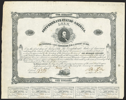 Act of August 19, 1861. $100. Cr. 29, B-54. No. 2822. R.M.T. Hunter, top center. Dog with safe and key, bottom. Signed by Tyler. 9 coupons below. B. Duncan. Stain in right
margin, edge wear, about VF. From The Holger Dreher Collection