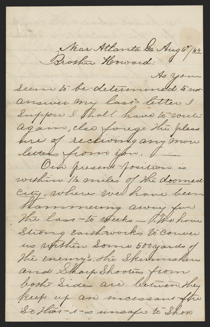 Atlanta: Peachtree Creek Exceptional content ALS by Peter A. Sinclair of the 101st Illinois, 8 pages, 8vo, Near Atlanta, August 6, 1864. He writes to Howard Aitken in Minnesota:
Our present position is within 1-12 miles of the DOOMED