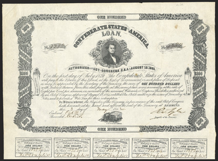 Act of August 19, 1861. $100. Cr. 34, B-73. No. 1282. As previous, but S.R. Mallory is facing right. Signed by Tyler. 15 coupons below. Very light foxing, edge wear and folds,
VF. From The Holger Dreher Collection
