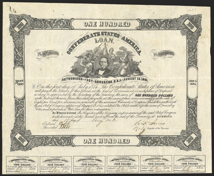 Act of August 19, 1861. $100. Cr. 37, B-84. No. 94. Portrait of Robert Toombs surrounded by three allegorical females. Signed by Jones. 19 coupons below. Ink stain in margin,
some foxing, folds, light edge wear, but VF. From The Holge