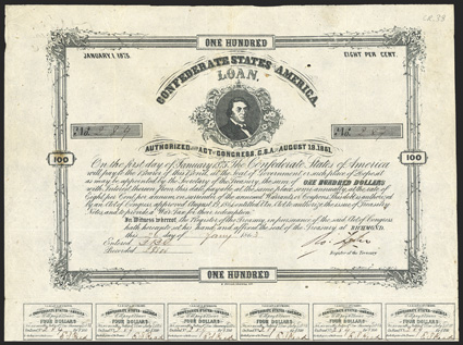 Act of August 19, 1861. $100. Cr. 38, B-87. No. 284 As previous. Without error. Signed by Tyler. 20 coupons below. Edge wear, light foxing, VF. From The Holger Dreher
Collection