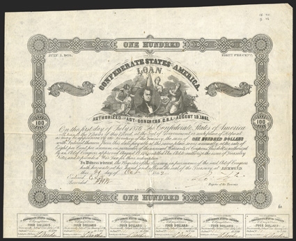 Act of August 19, 1861. $100. Cr. 40, B-96. No. 161. S.R. Mallory surrounded by three allegorical females. Signed by Tyler. 23 coupons below. Edge and fold wear, some
discoloration along one fold, but VF. From The Holger Dreher Collec