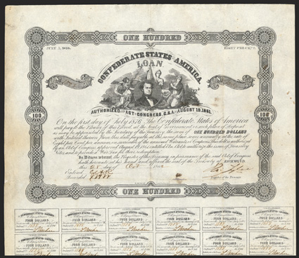 Act of August 19, 1861. $100. Cr. 40, B-97. Trans-Mississippi Bond. No. 1508. As previous, reissued by Houston, Texas depositary - Wood & Power in red ink on the verso. Ball
does not list these issuers for this denomination. Signed by Tyler