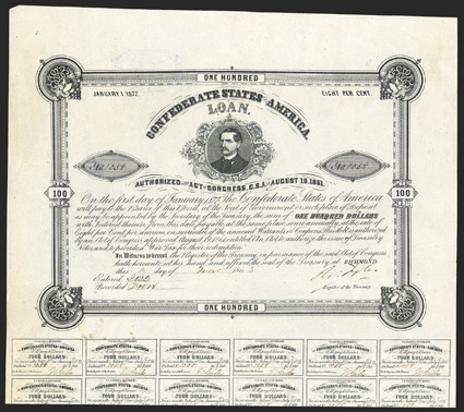 Act of August 19, 1861. $100. Cr. 41, B-102. No.1058. Burton Harrison. Printed on white paper. No engraver printed, probably B. Duncan, according to Dr. Ball. Signed by Tyler.
CSA Bondholders Committee stamp on verso. 24 coupons. Some soi