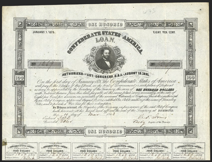 Act of August 19, 1861. $100. Cr. 43, B-112. No. 1269. Judah P. Benjamin, top. With imprint B. Duncan. Signed by Jones. 27 coupons below. Fold and edge wear, toning at edges,
soiling in margins, about VF. From The Holger Dreher Co