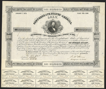 Act of August 19, 1861. $100. Cr. 43A, B-111. No. 761. As previous, without imprint.  Signed by Jones. 27 coupons below. Folds, toning, light soiling in margins, VF. From The
Holger Dreher Collection