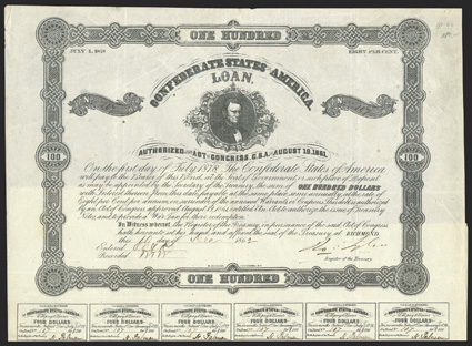 Act of August 19, 1861. $100. Cr. 44, B-116. No. 107. As previous. Signed by Tyler. 27 coupons below. Scant foxing, edge wear, folds, VF. From The Holger Dreher
Collection