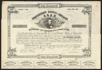 Act of August 19, 1861. $100. Cr. 46, B-122. No. 1008. Thomas Bragg. Signed by Tyler. Only 1 coupon missing. Imprint Price at bottom. Edge wear, folds, some light soiling, bug
VF. From The Holger Dreher Collection