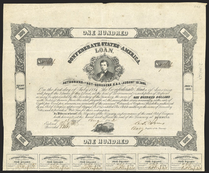 Act of August 19, 1861. $100. Cr. 48, B-133. No. 764. As previous. Signed by Jones. 33 coupons below. Folds, some spotting mostly in large margins, VF. From The Holger Dreher
Collection
