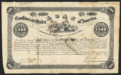 Act of August 19, 1861. $500. Cr. 49, B-31. No. 326. Vignette of Liberty holding a stylized Confederate flag in a shield, surrounded by ships. Signed by Jones. Pen canceled
across face. Age-toned, with show-through from ink on verso, wear at