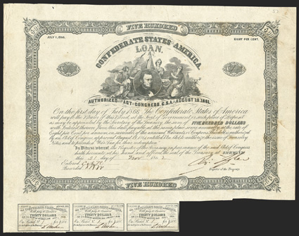 Act of August 19, 1861. $500. Cr. 52, B-40. Serial Number 1. Thomas Bragg. Signed by Tyler. 3 coupons below. Light foxing, folds, edge wear and soiling, about VF. From The
Holger Dreher Collection