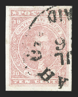 5, 10c Rose, a marvelous used example that boasts extra-large margins all around, bright color, neat portion of a town c.d.s. cancel, extremely fine gem rarely encountered in
this highly select quality 2005 and 2008 PF certificates.